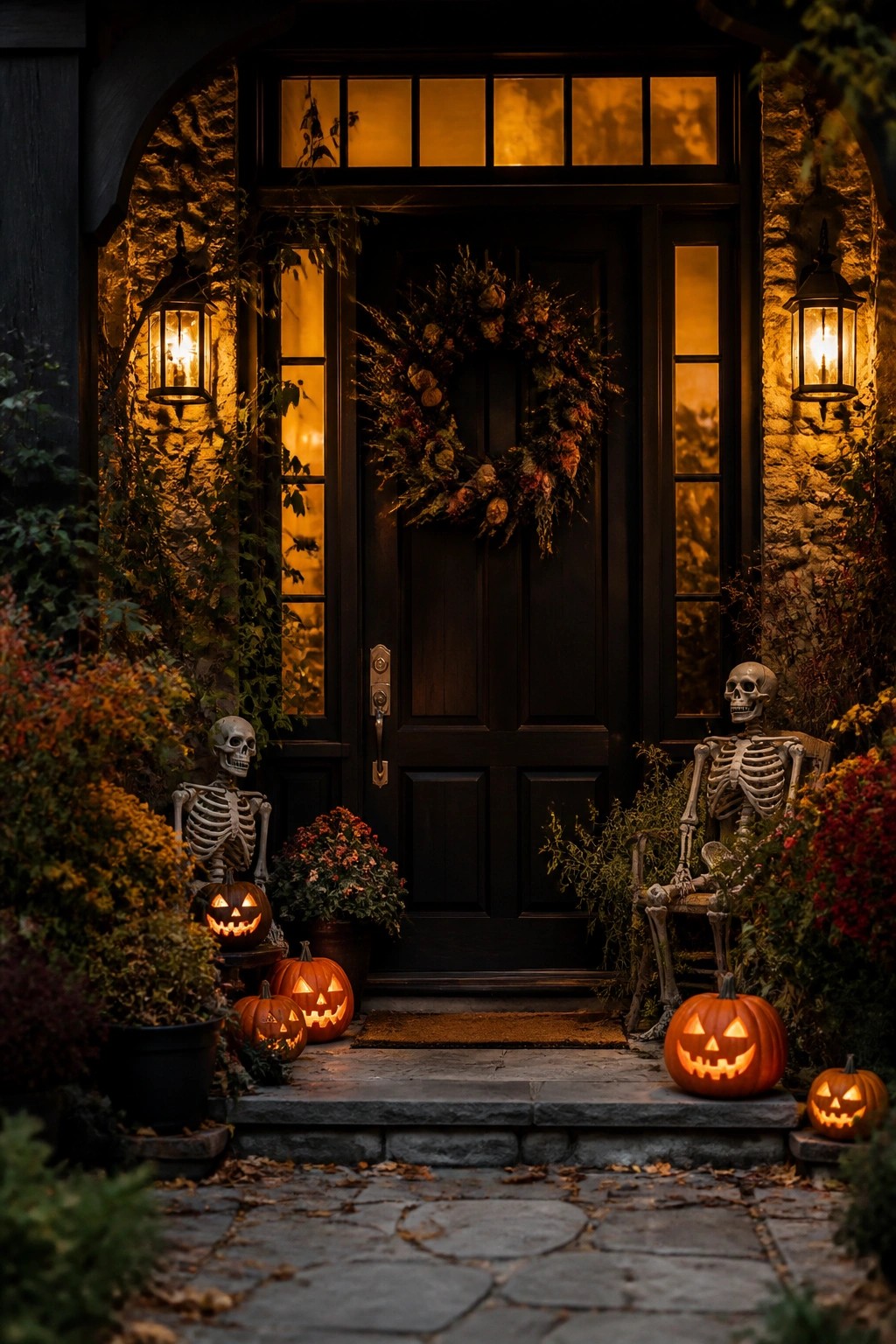 Front door entrance with two decorative skeletons and several lit jack o lanterns arranged on the steps and beside the door.