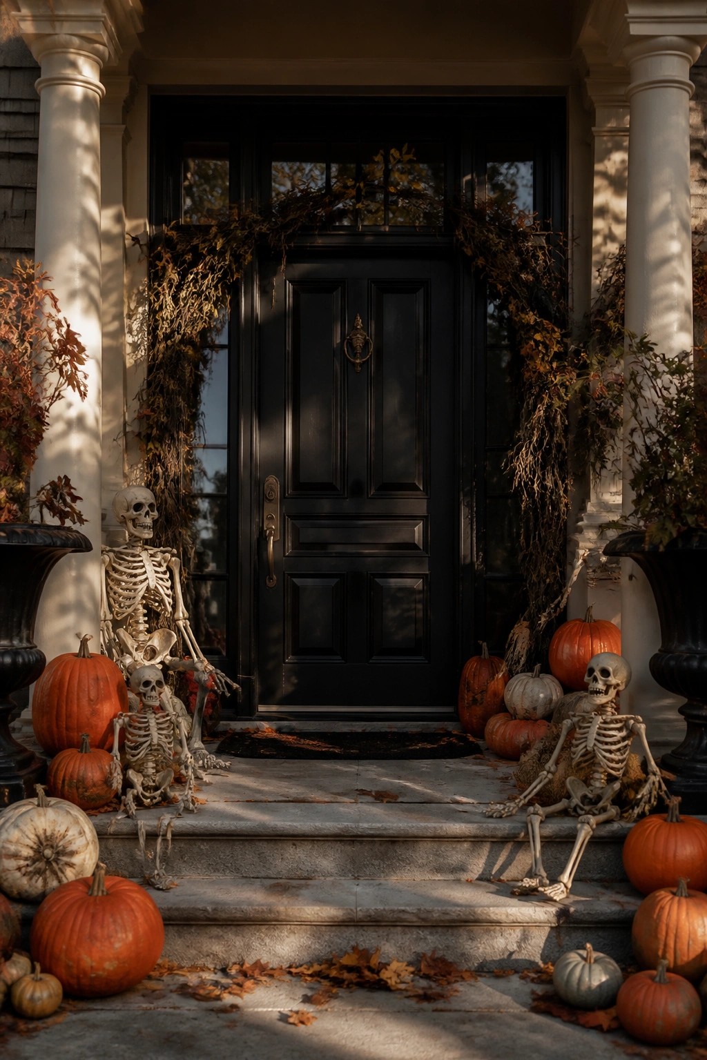 Black front door with multiple skeletons posed on the concrete steps and surrounded by orange and white pumpkins.