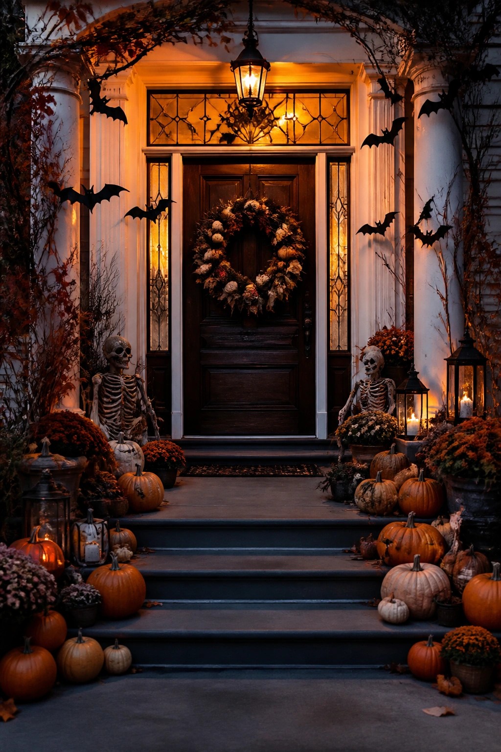 Front door with two skeletons positioned on either side of the steps, black bats on the columns and walls, pumpkins lining the stairs, and a wreath on the door.