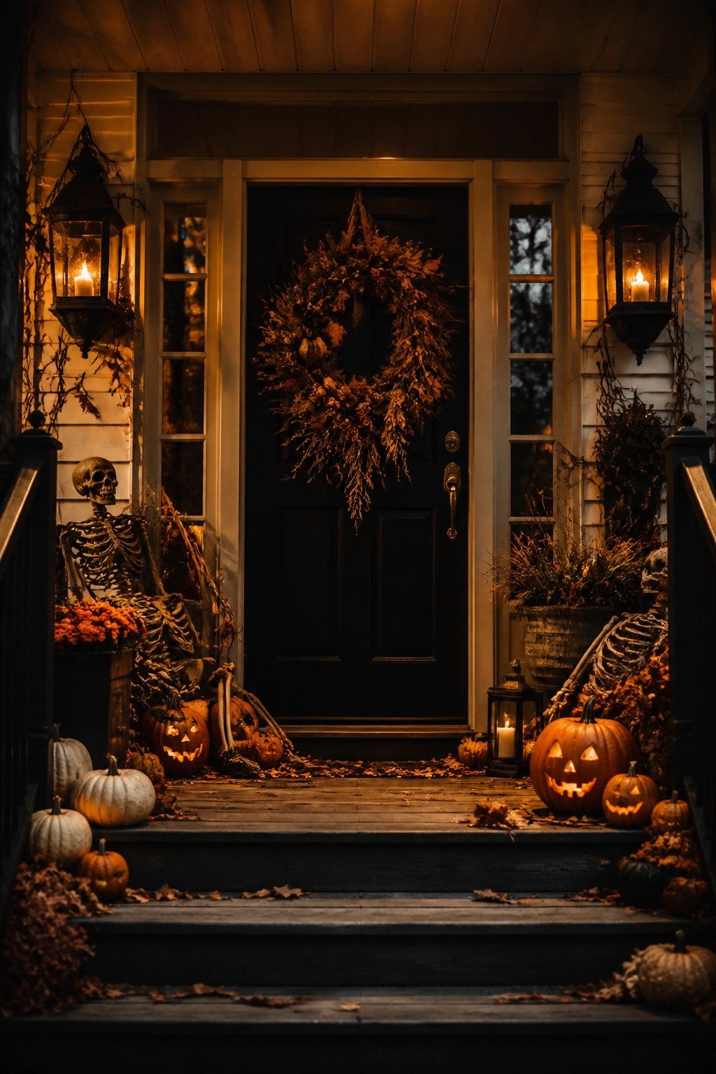 Front door with black wreath, two skeletons flanking the entrance, and carved pumpkins arranged on the porch steps.