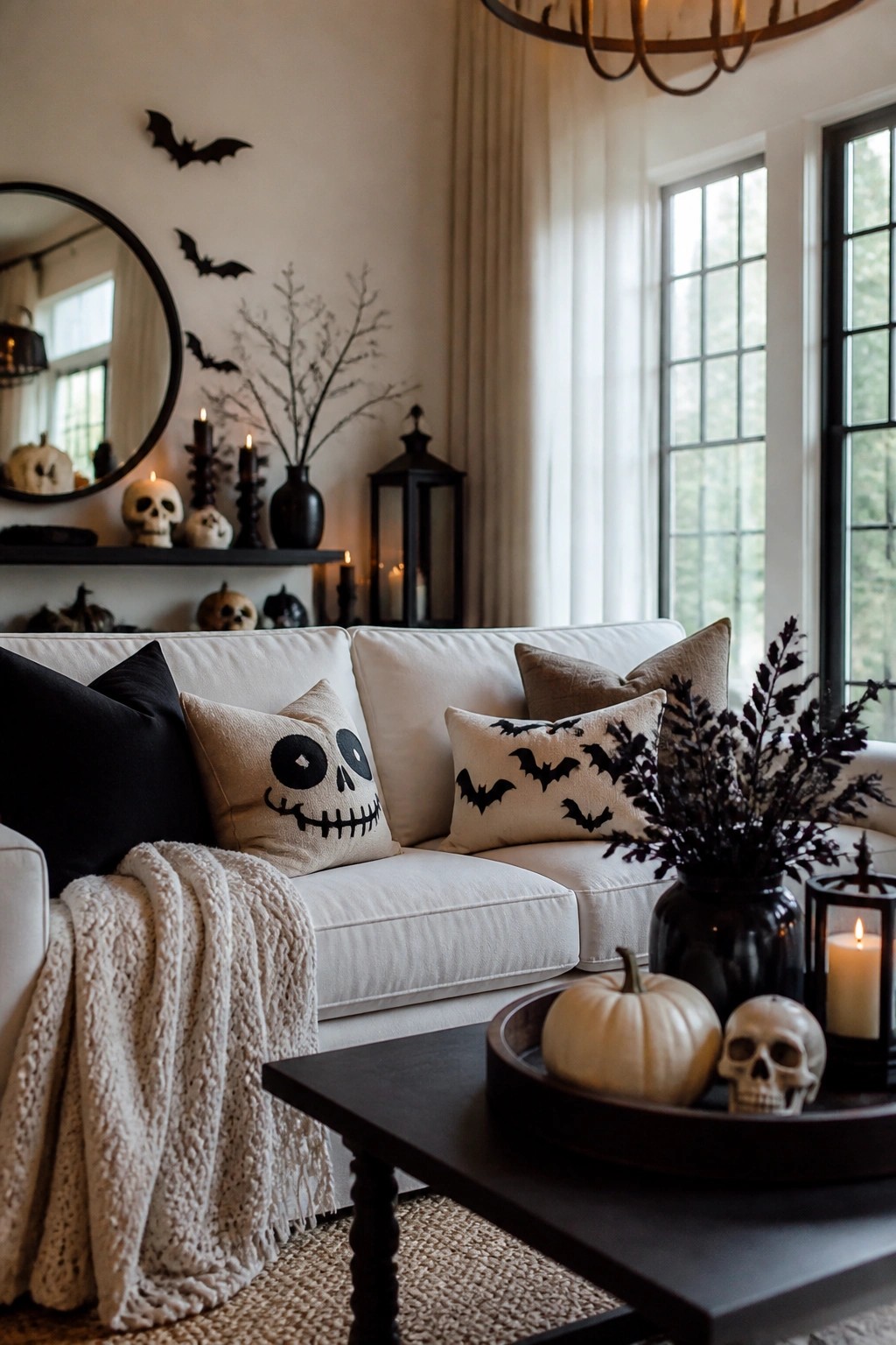 Living room with white sofa, bat-patterned pillows, skull pillow, and black bat cutouts arranged on the wall near a round mirror and mantel.