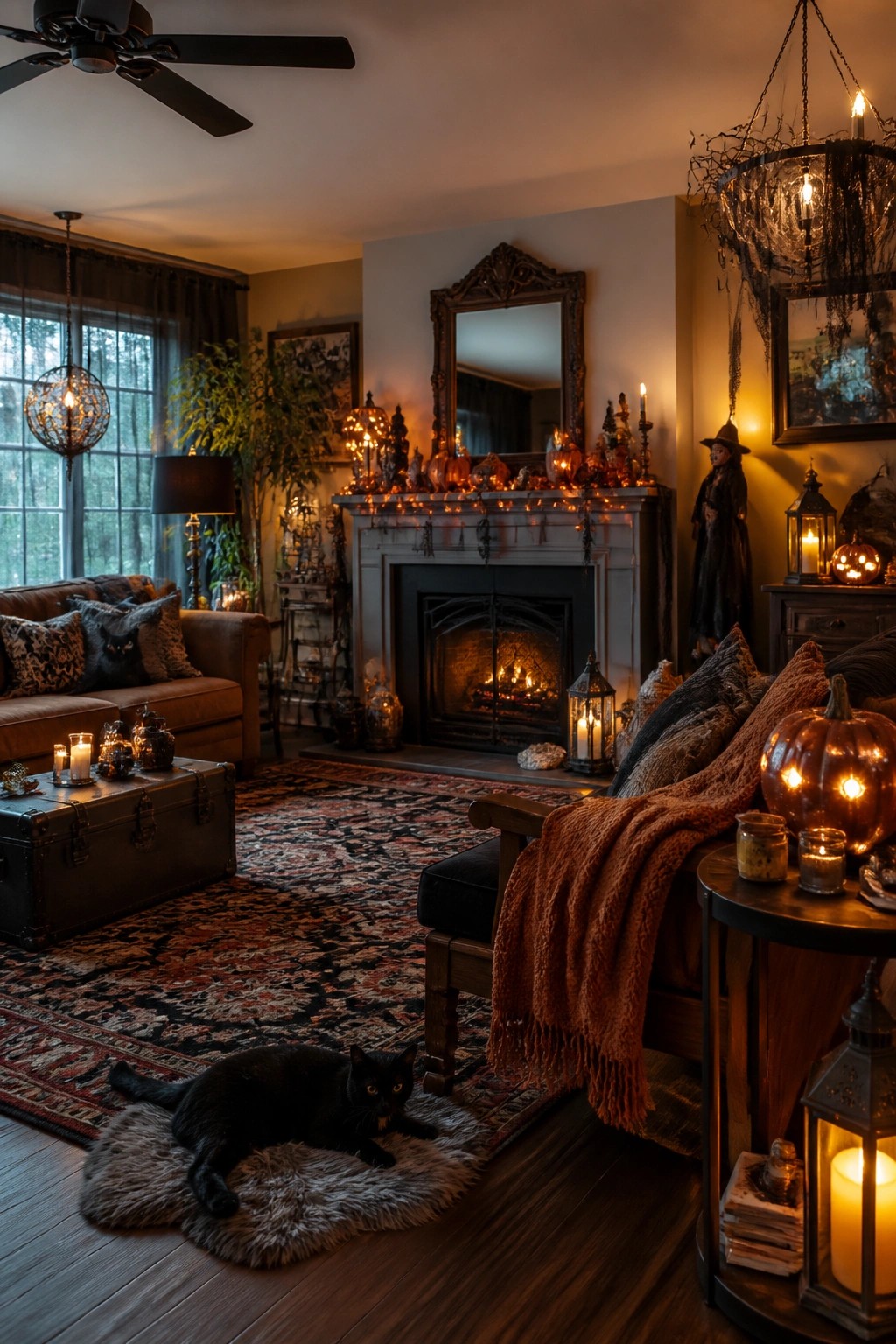 Living room fireplace mantel styled with glowing pumpkins, string lights, candles, and a witch figure for Halloween.