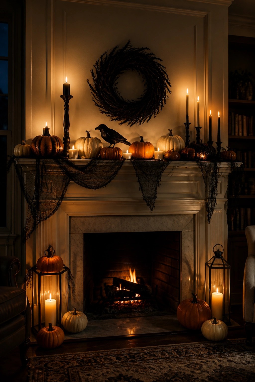 Halloween fireplace with pumpkins, black candles, crow, wreath, and spiderweb netting.