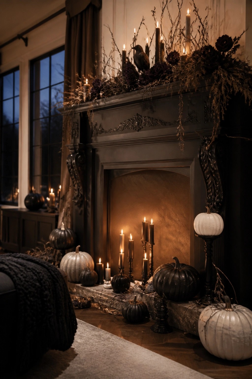 Black fireplace mantel styled for Halloween with multiple black candles, dark branches, black flowers, and black and white pumpkins arranged on the mantel and hearth.