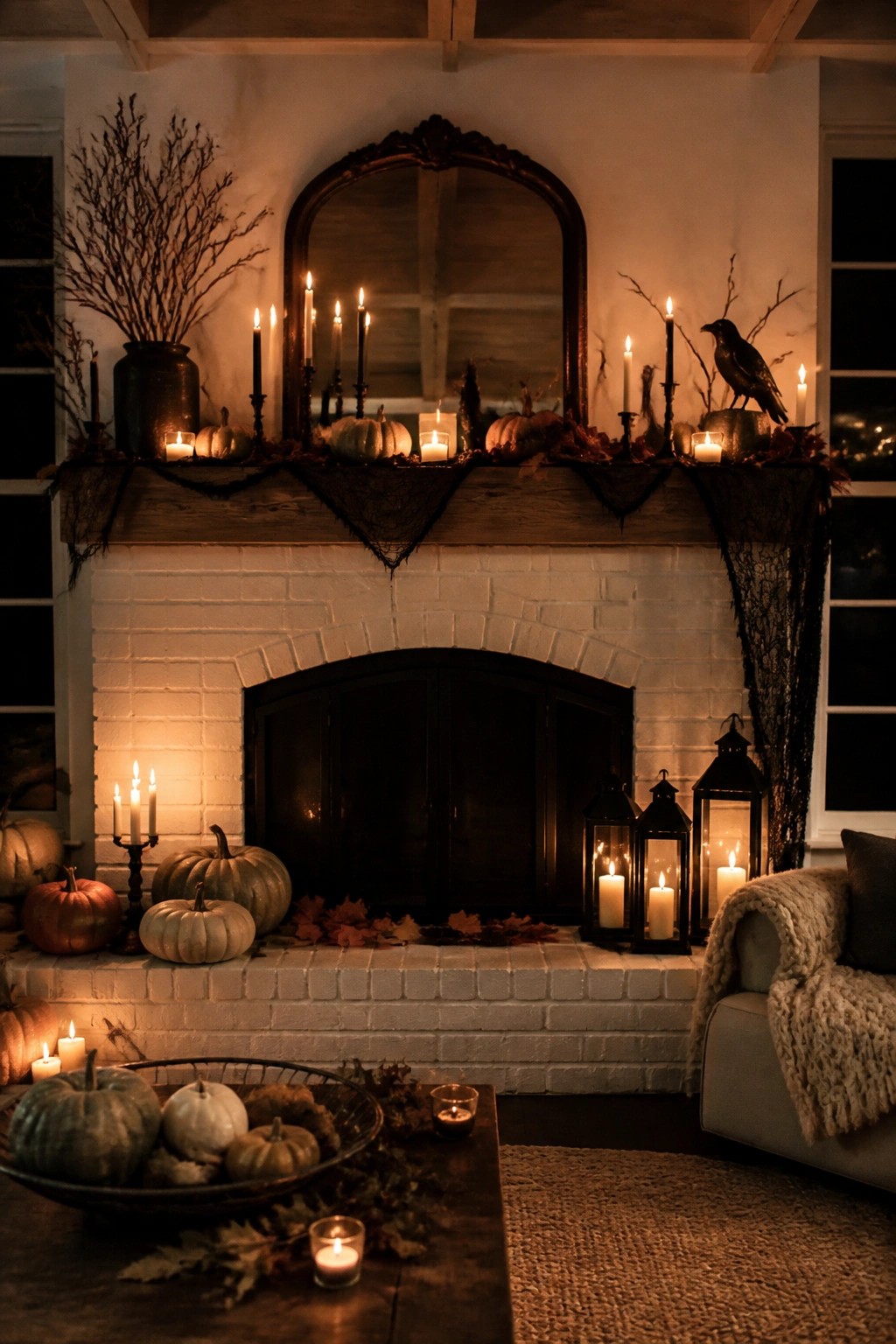 Cozy Halloween fireplace mantel with pumpkins, candles, lanterns, crow, and autumn leaves
