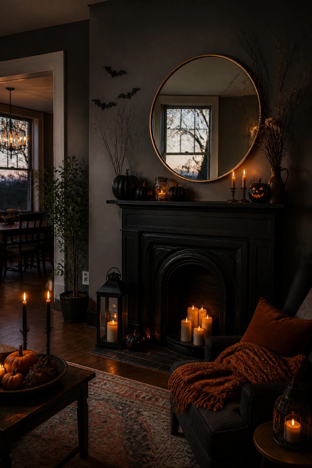 Living room mantel styled for Halloween with black bats on the wall above a round mirror, pumpkins, candles, and a jack o lantern on the mantel.