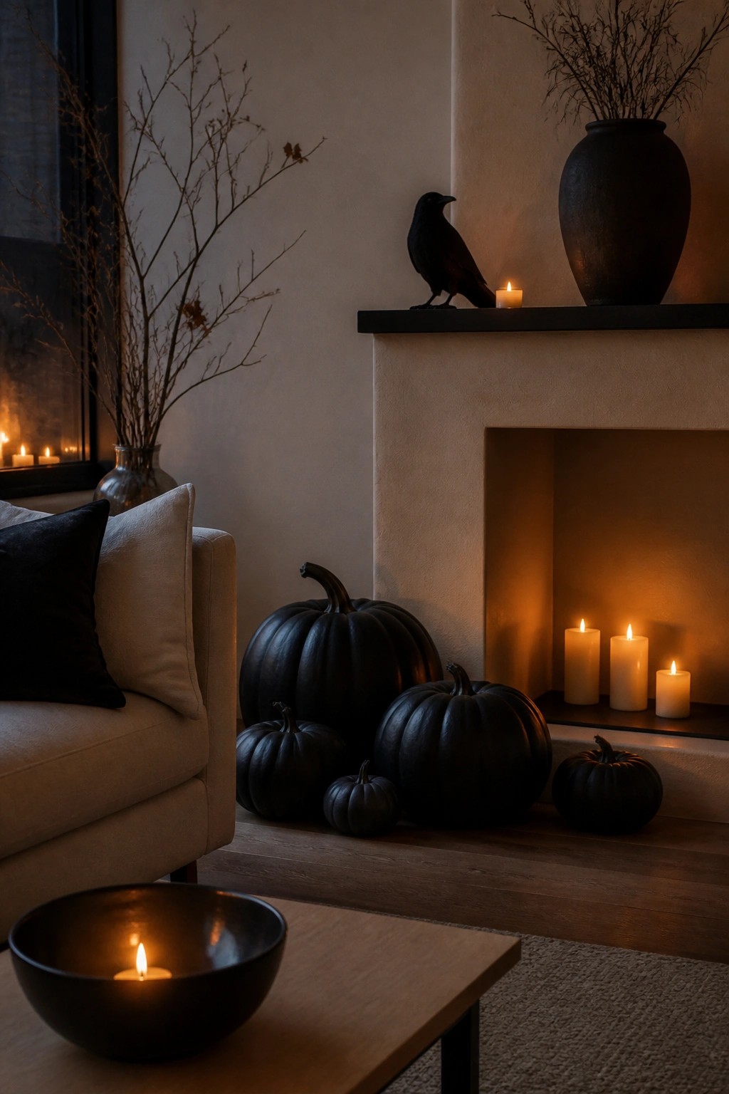 Living room mantel styled with black pumpkins clustered on the floor and hearth, a black crow on the ledge, and several lit candles.