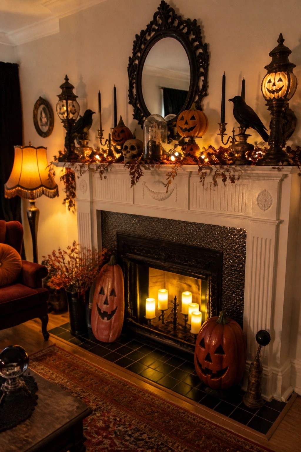White fireplace mantel decorated with carved jack o lanterns, black crows, skulls, candles, and string lights for Halloween.