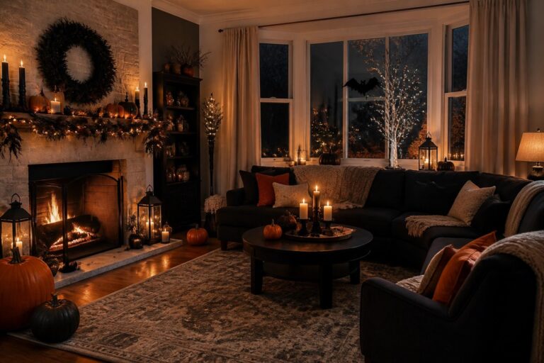 Living room with multiple glowing jack o lanterns clustered around a fireplace mantel and coffee table, along with a wreath and string lights.