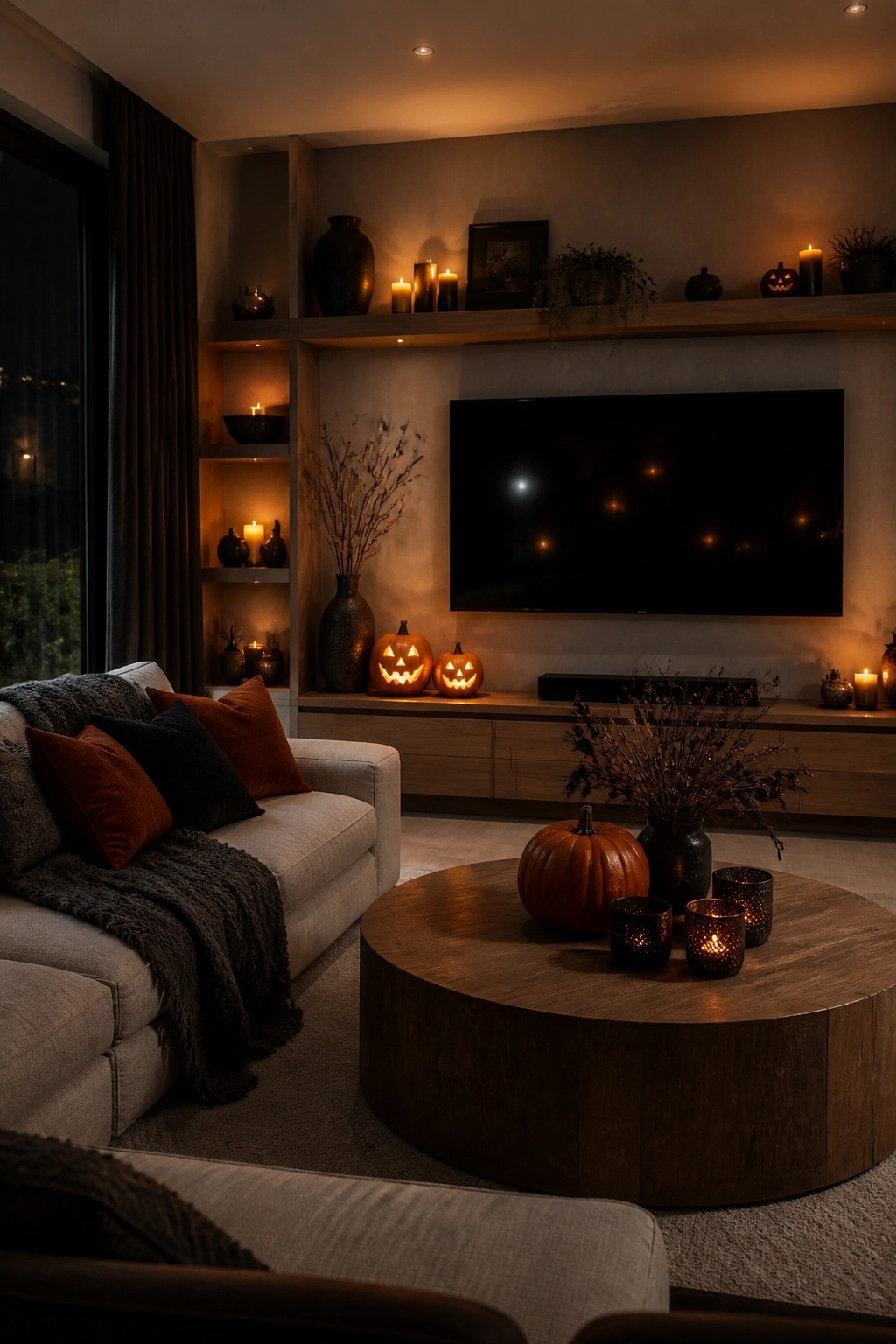 Living room with multiple carved jack o lanterns placed on a wooden media console and round coffee table, all lit from within.