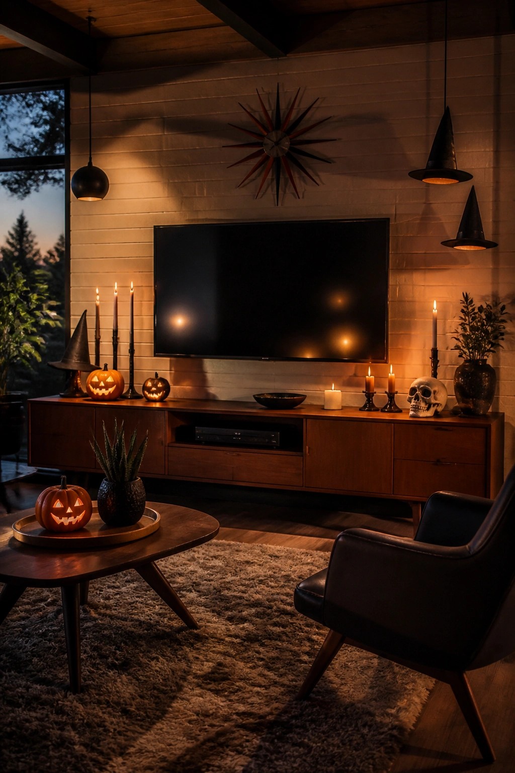 Cozy mid-century living room with pumpkins, candles, skull, and witch hat lights.