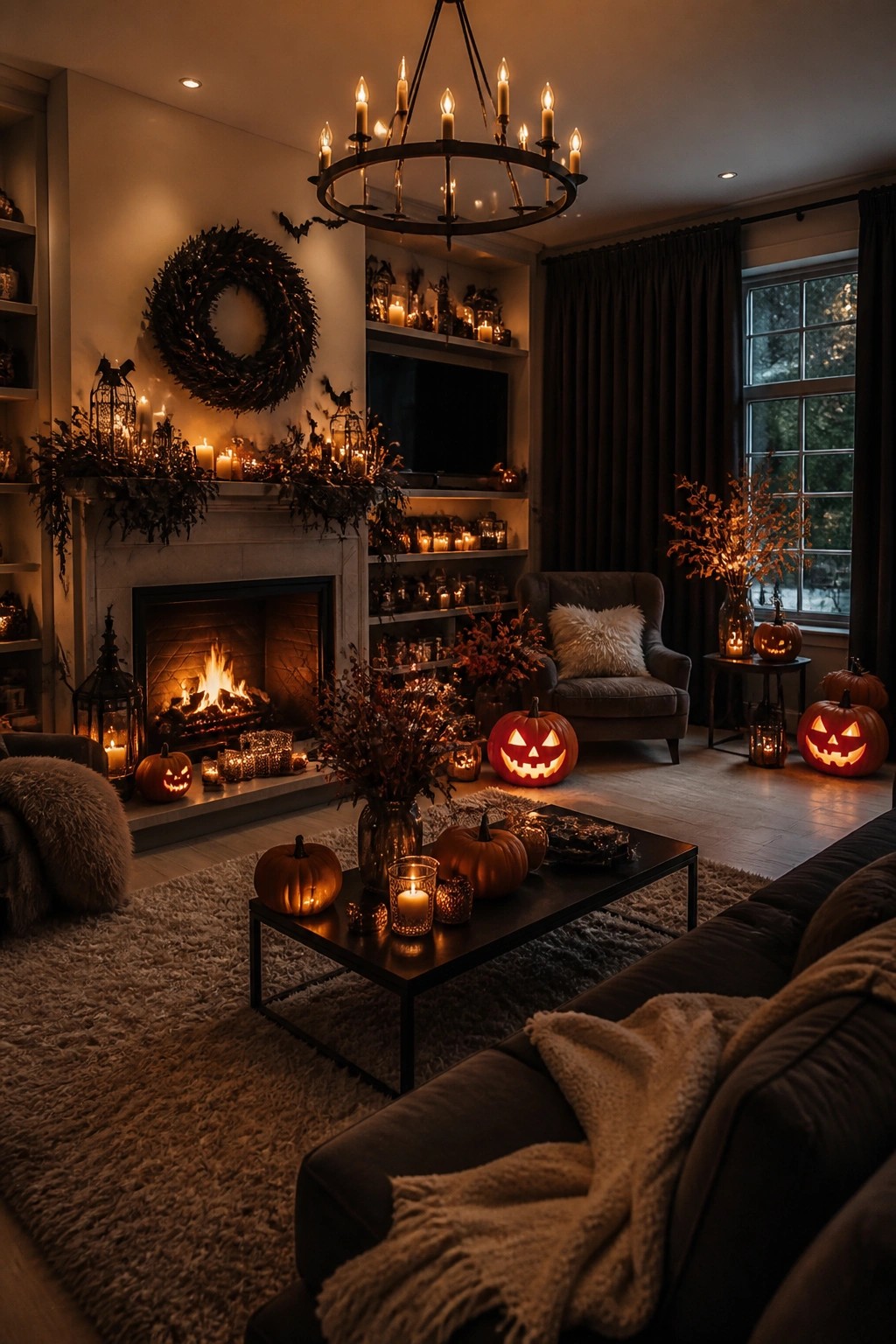 Living room with multiple glowing jack o lanterns clustered around a fireplace mantel and coffee table, along with a wreath and string lights.