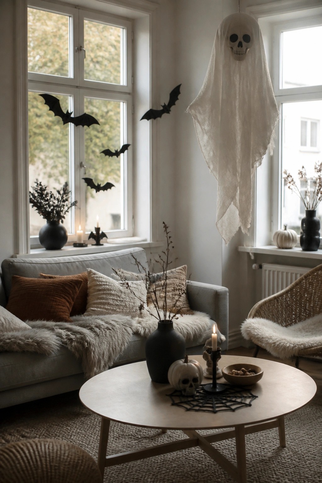 Living room with a large white fabric ghost hanging from the ceiling beside a window, black bats on the wall, and a small skull on the coffee table.