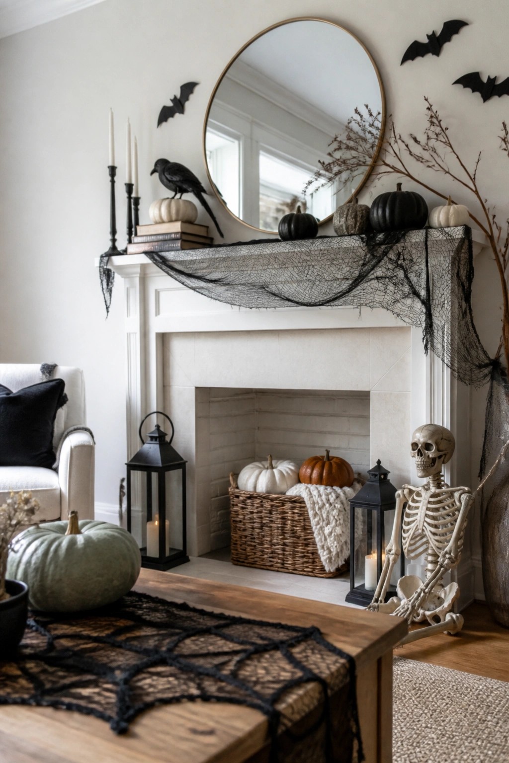 Living room mantel with black bats arranged around a round mirror, black spiderweb draped across the ledge, pumpkins, lanterns, and a skeleton seated beside the fireplace.