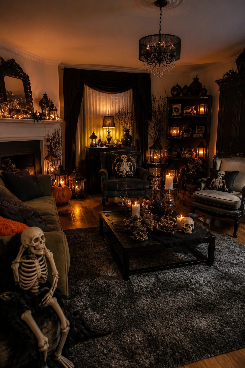 Dark living room with skeleton props, lit candles, lanterns, and black gothic furniture.