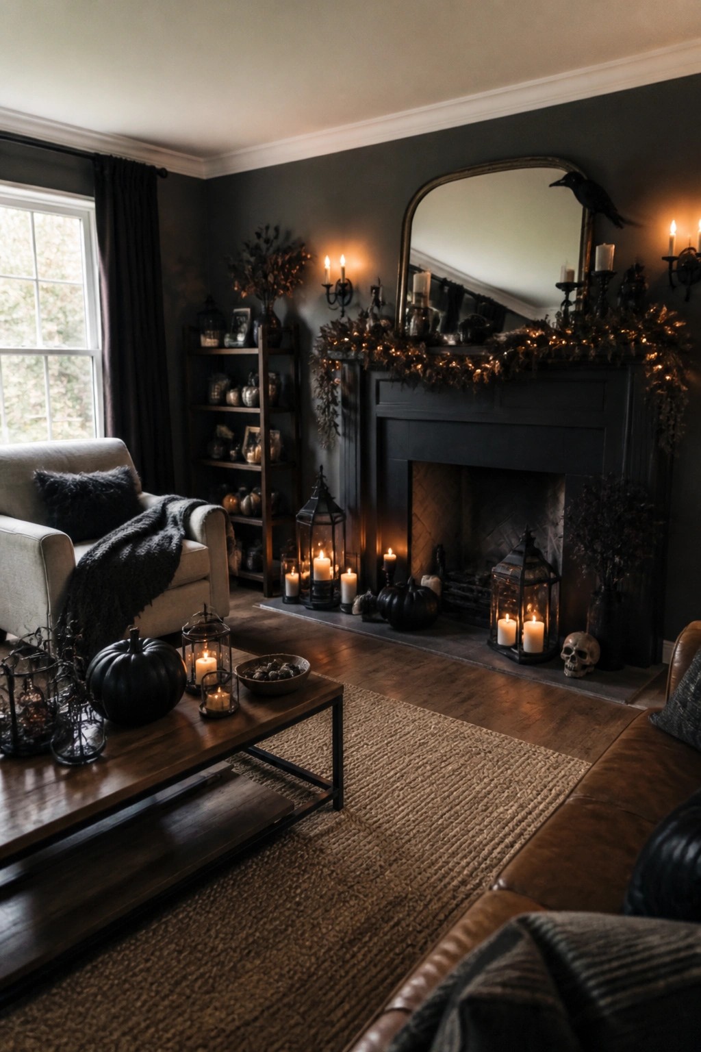Living room fireplace mantel styled with a dark garland, black crow on the mirror, candles, and a skull on the floor nearby.