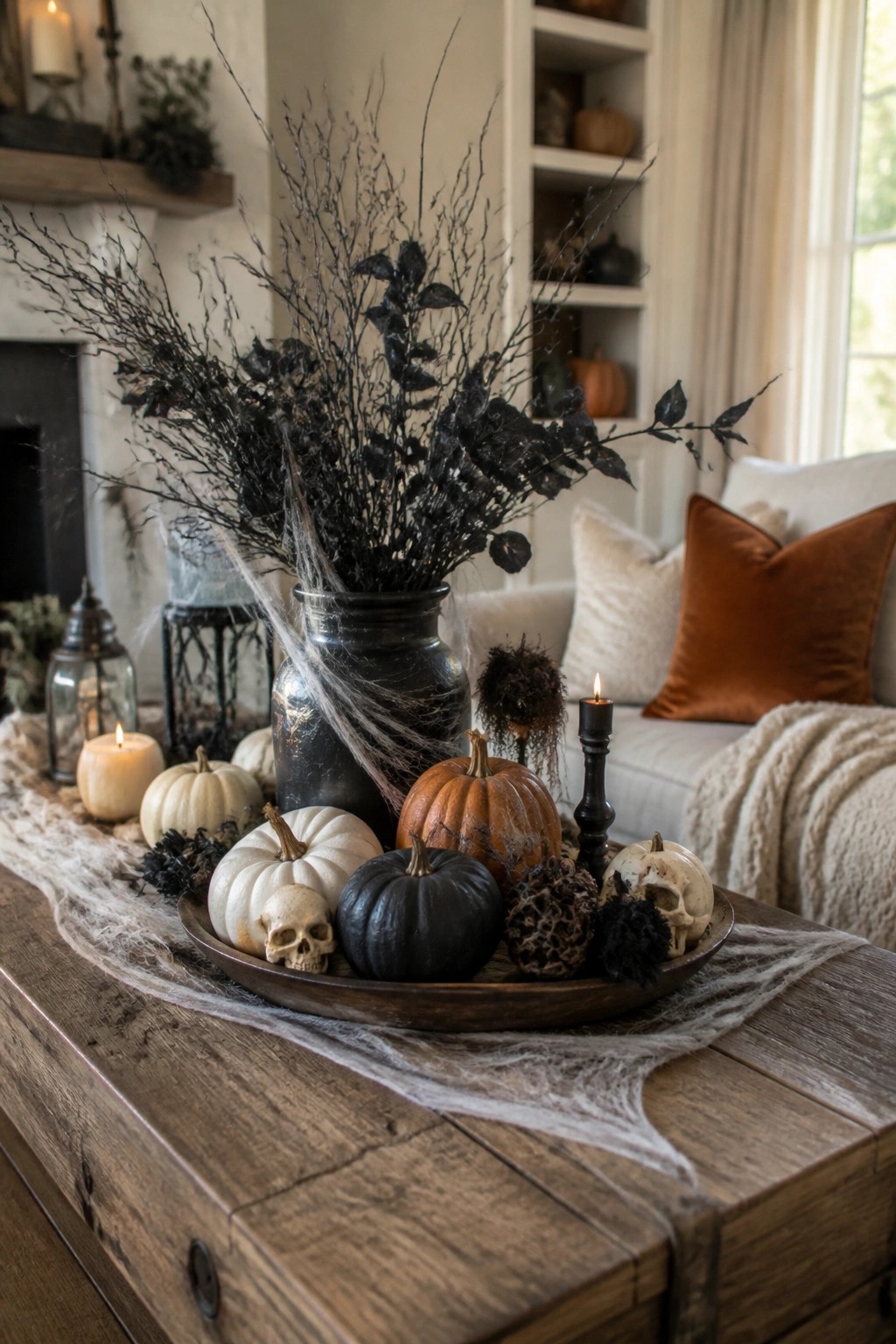 Wooden tray with mini pumpkins, skulls, black branches, candles, and spider webs on table
