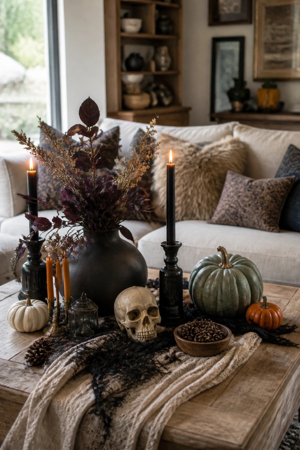 Fall coffee table with skull, pumpkins, lit black candles, and dried florals in vase
