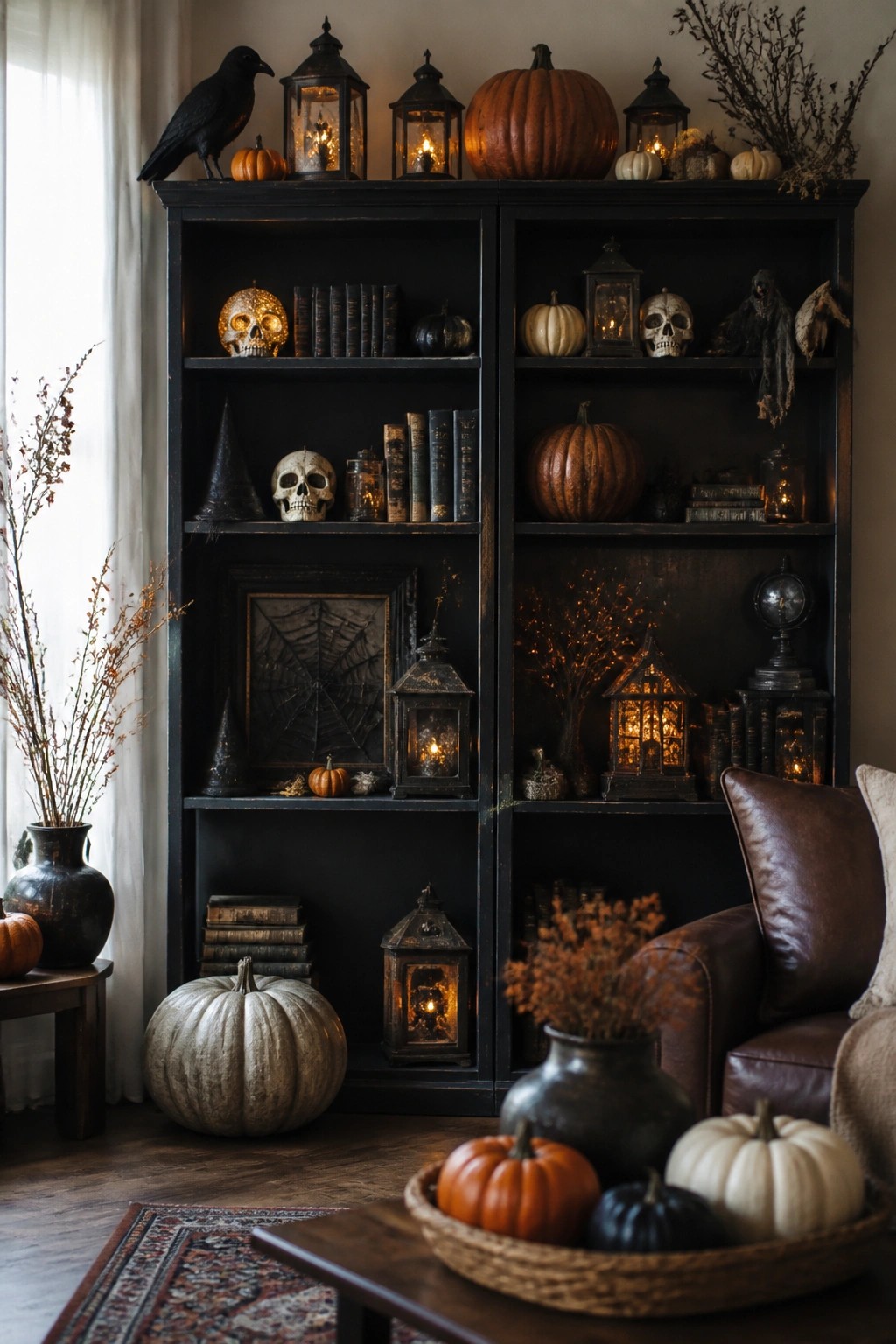 Black bookshelf in a living room filled with skulls, a framed spiderweb, lanterns, and small pumpkins for Halloween.