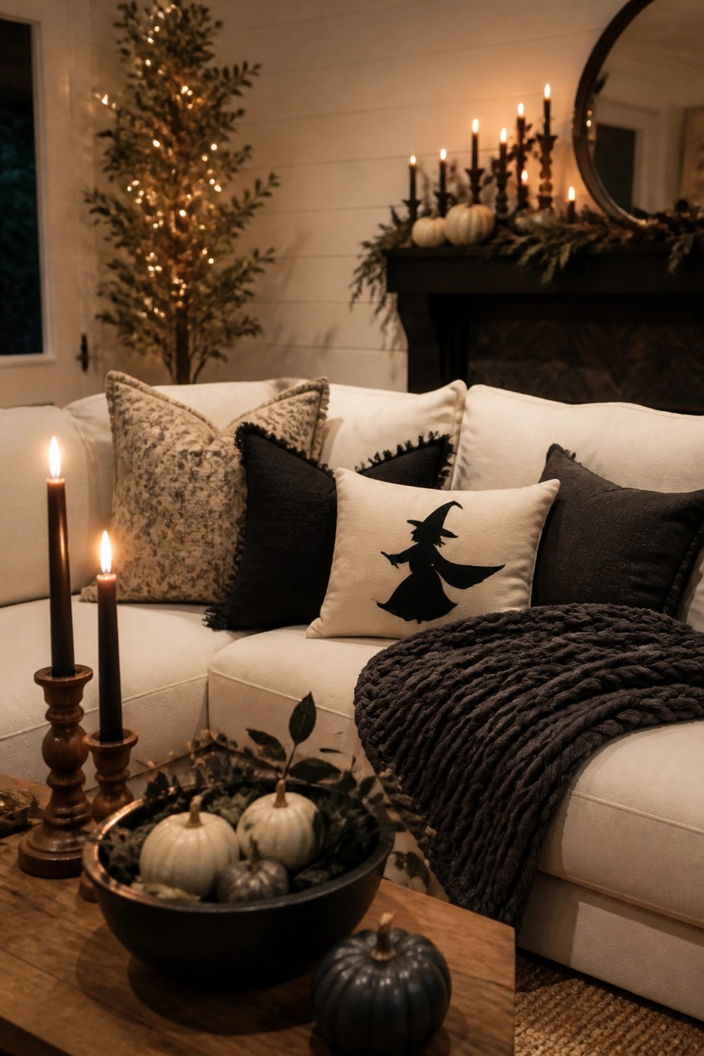 White sectional sofa with a central pillow showing a black witch silhouette, flanked by neutral and dark pillows, with taper candles and small pumpkins visible in the foreground.