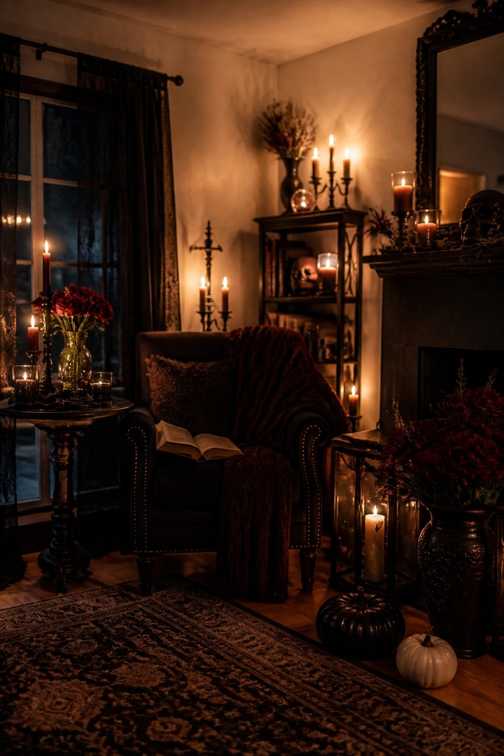 Living room with skulls placed on a dark mantel next to candles, an armchair holding an open book, and black and white pumpkins on the floor.