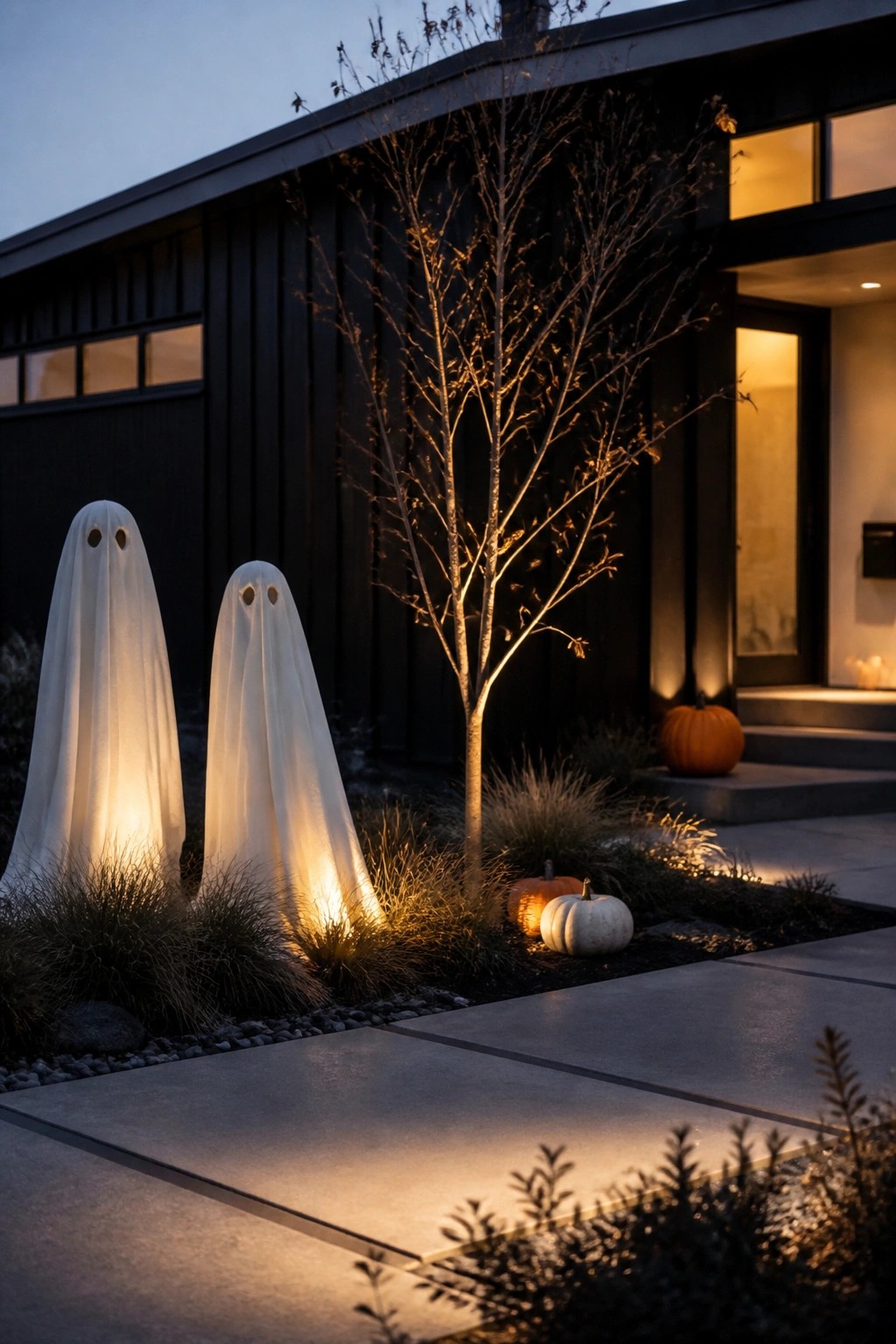 Two illuminated white ghost figures stand in a yard next to a dark modern house with pumpkins placed on the ground nearby.