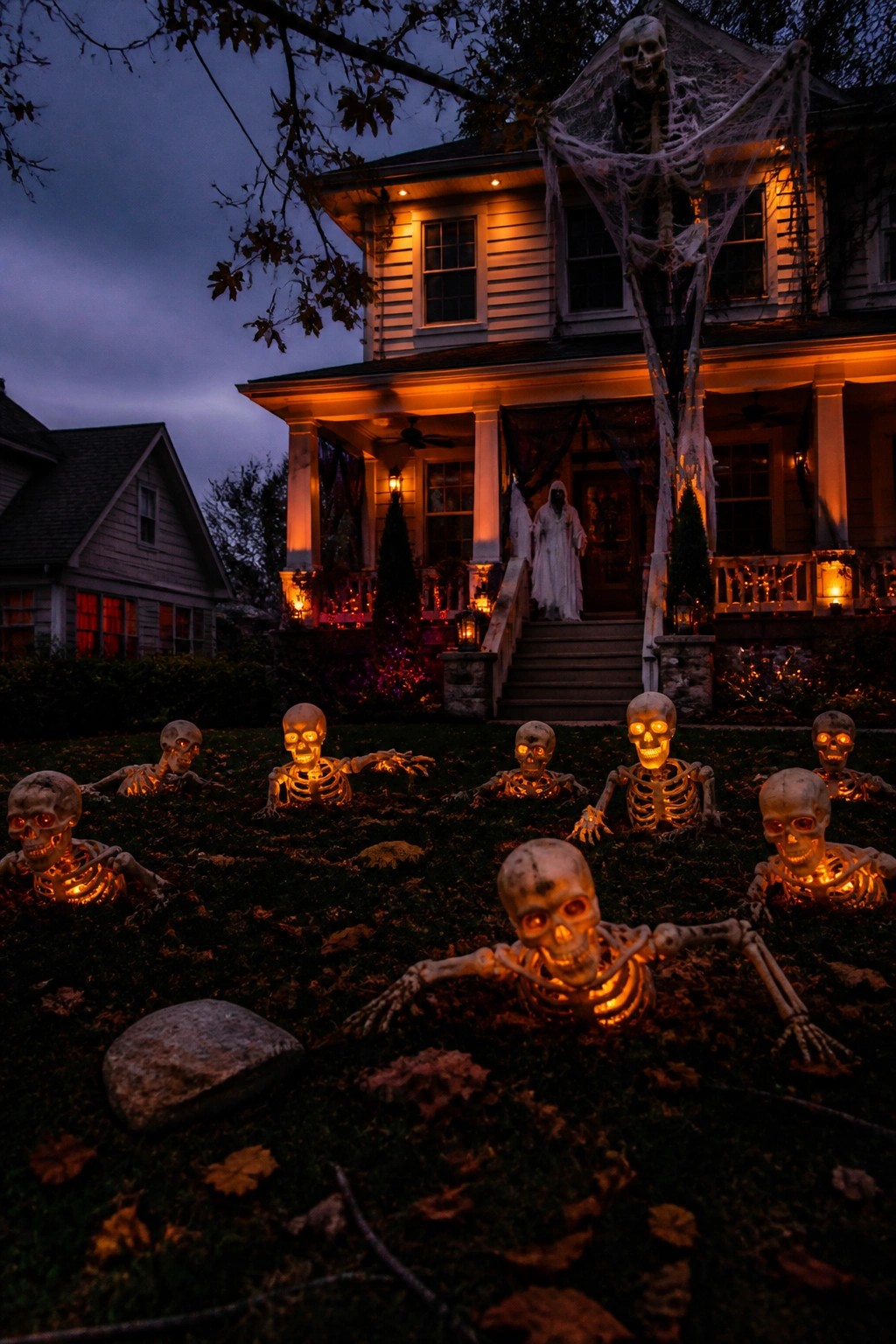 Multiple glowing skeletons positioned at different angles as if emerging from the grass in a front yard at dusk.