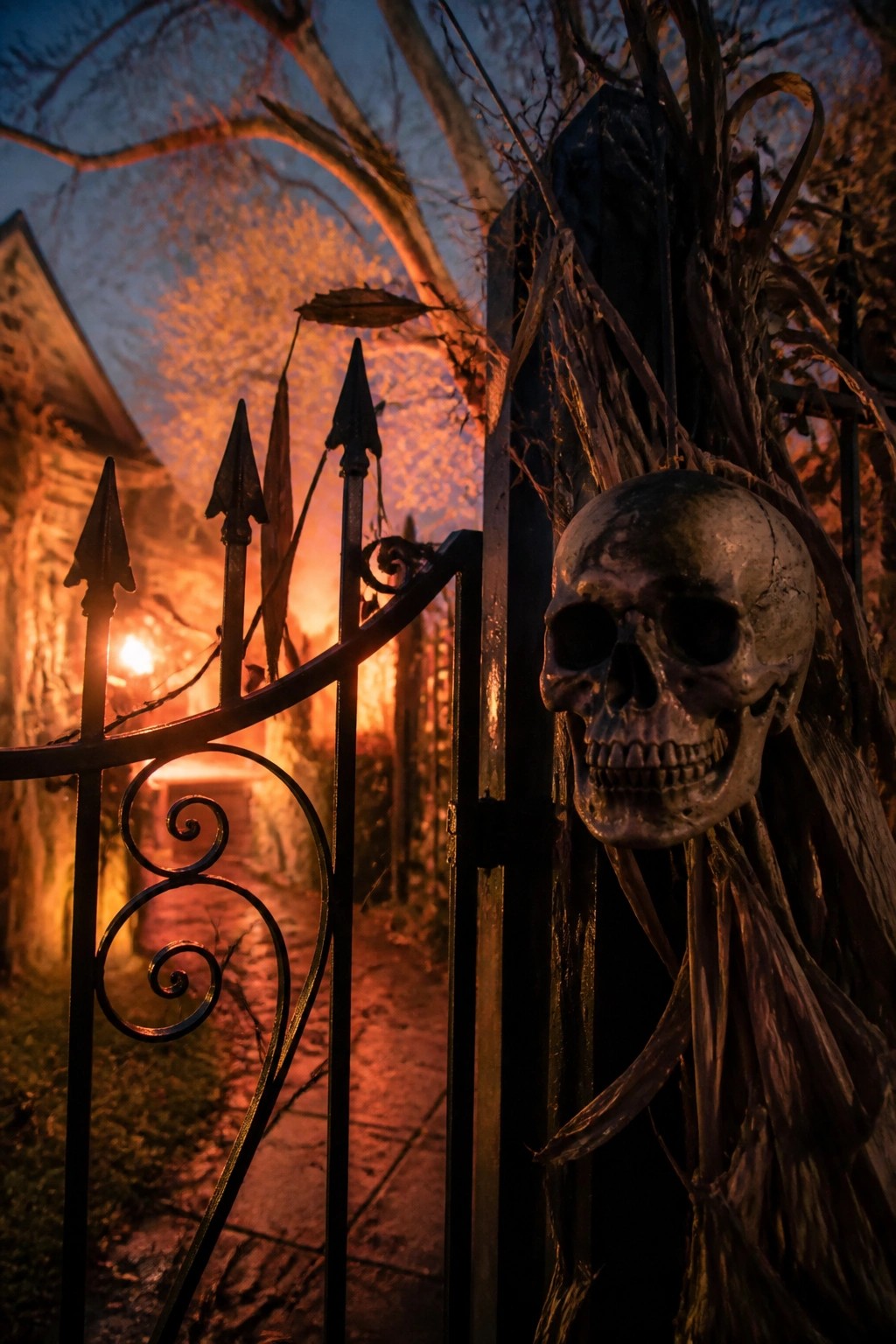 Black metal gate with a large skull mounted on the post and dried foliage wrapped around it at a Halloween yard entrance.