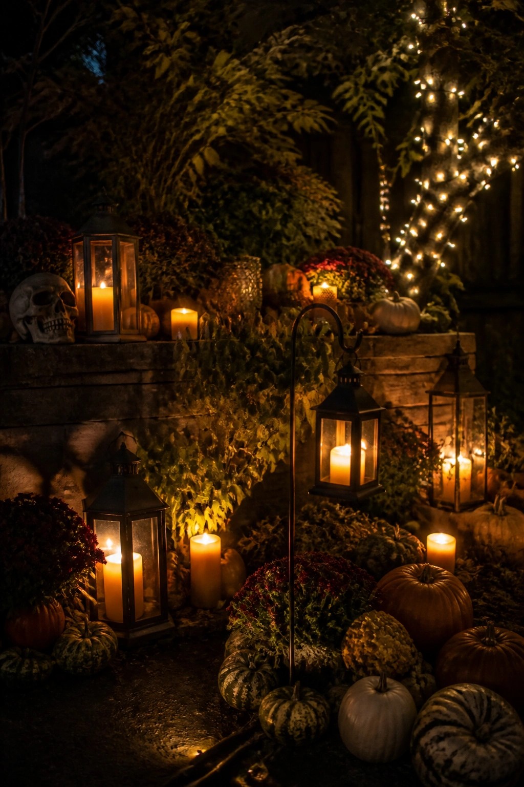 Nighttime yard scene with black lanterns holding lit candles, a human skull, and multiple pumpkins arranged on the ground near plants and string lights.
