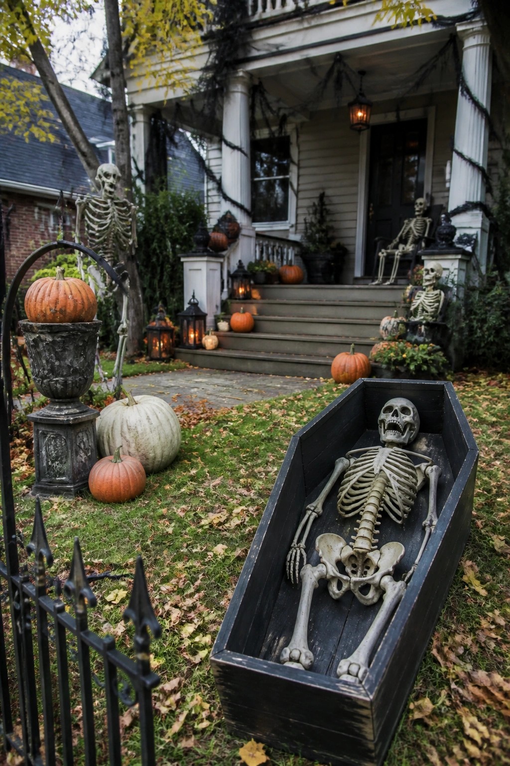 A black coffin with a skeleton inside sits on a grassy front yard, with additional skeletons positioned near the porch of a decorated house.