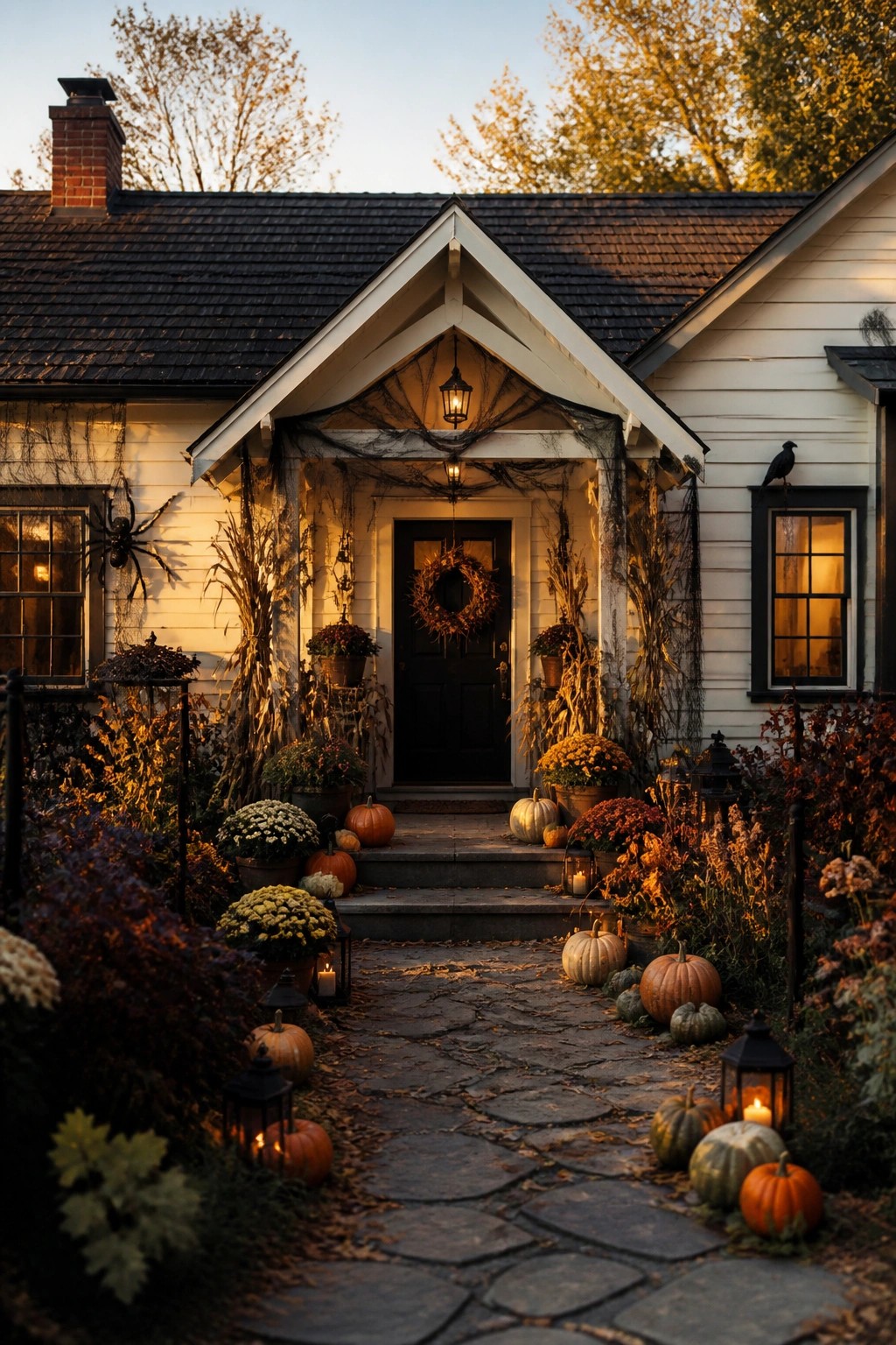 Front porch of a white house covered in black spiderwebs with a large spider decoration on the window and pumpkins lining the stone walkway.