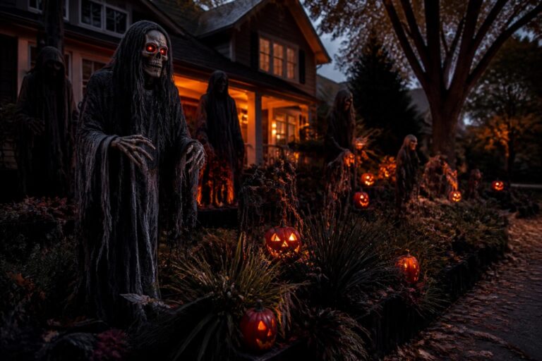 Multiple glowing skeletons positioned at different angles as if emerging from the grass in a front yard at dusk.
