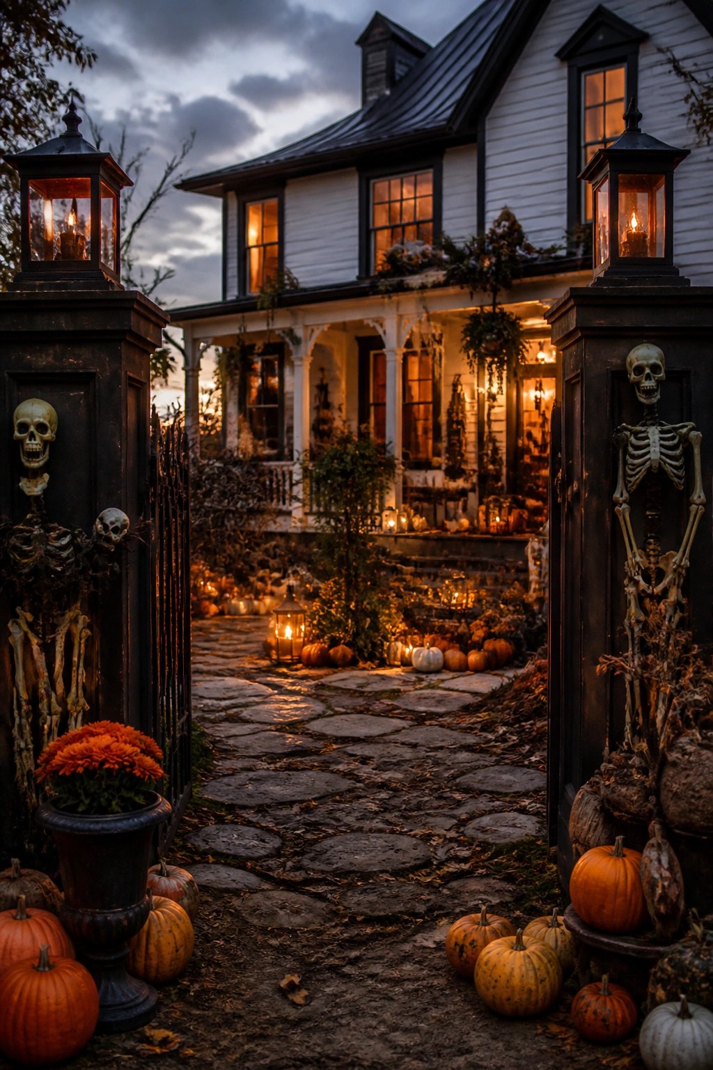 Stone walkway at dusk with pumpkins and lanterns, framed by two skeleton figures mounted on dark gate posts at the entrance.