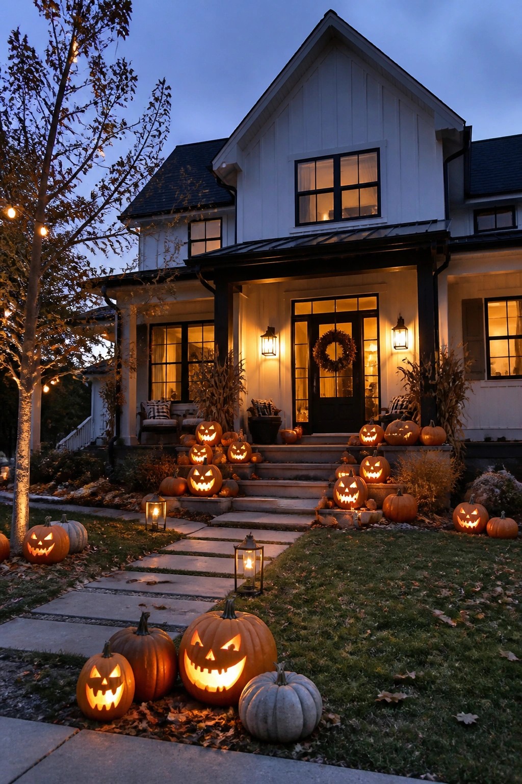 Front yard at dusk with many lit jack o lanterns placed on porch steps, along a stone walkway, and scattered across the lawn in front of a white house.