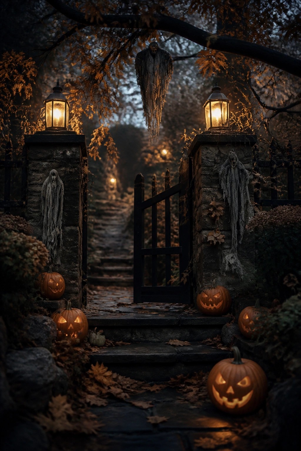 Stone entrance gate lined with hanging ghost figures on the pillars and branch above, with carved jack-o'-lanterns placed along the steps and ground.