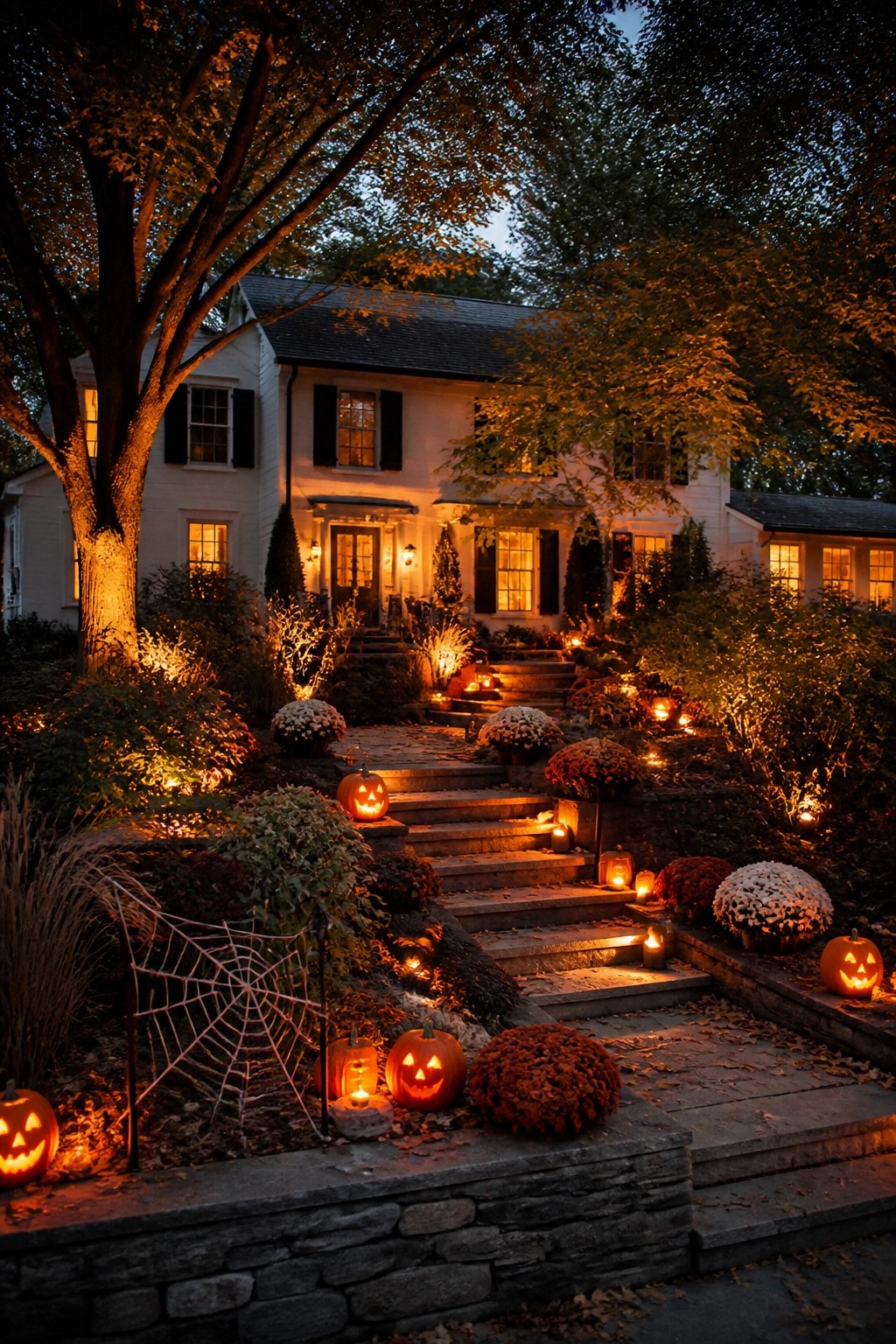 A stone walkway and stairs leading to a house lined with glowing jack o lanterns, candles, and a large spiderweb decoration at night.