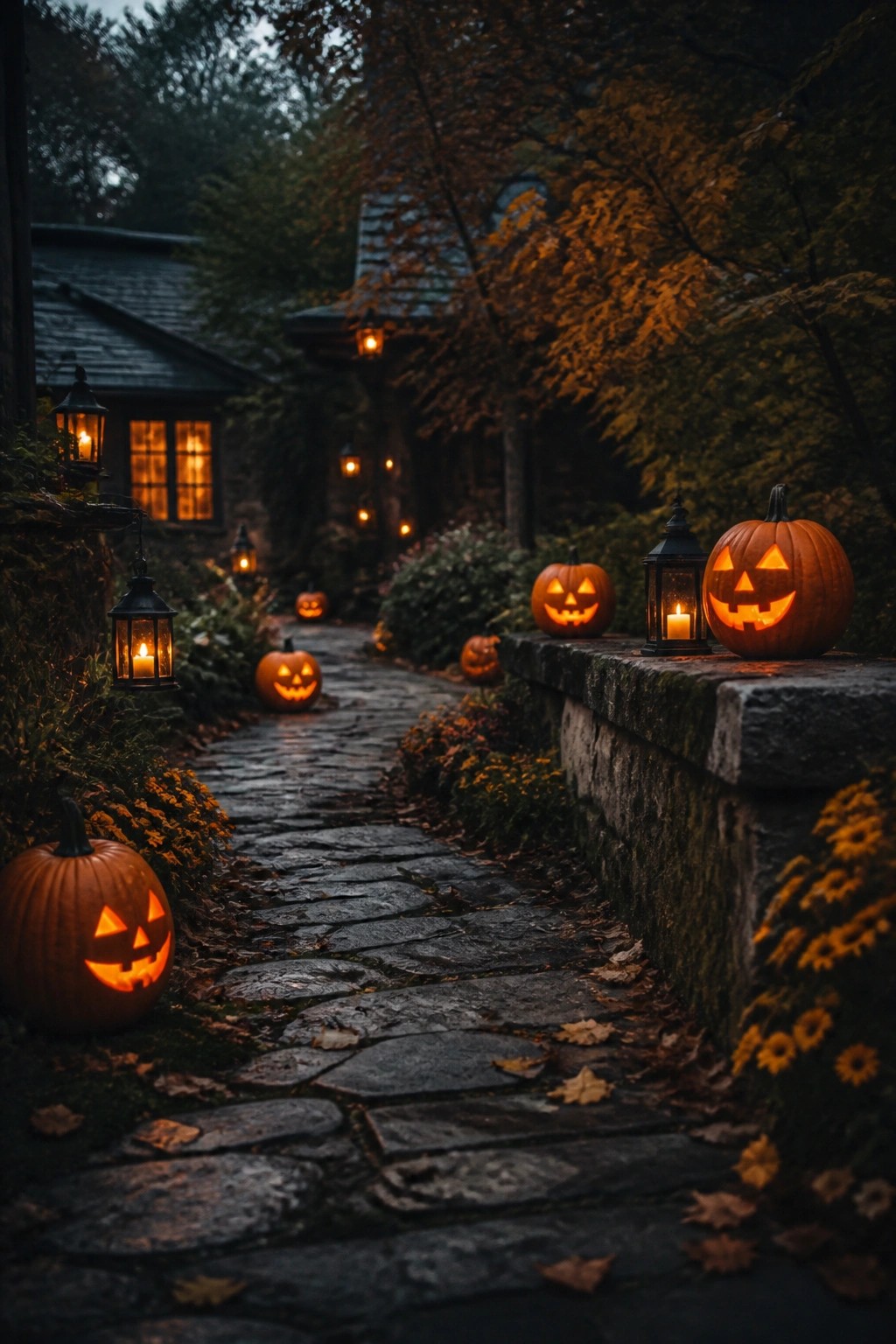 Stone walkway lined with glowing jack o' lanterns and lanterns beside a house at dusk.