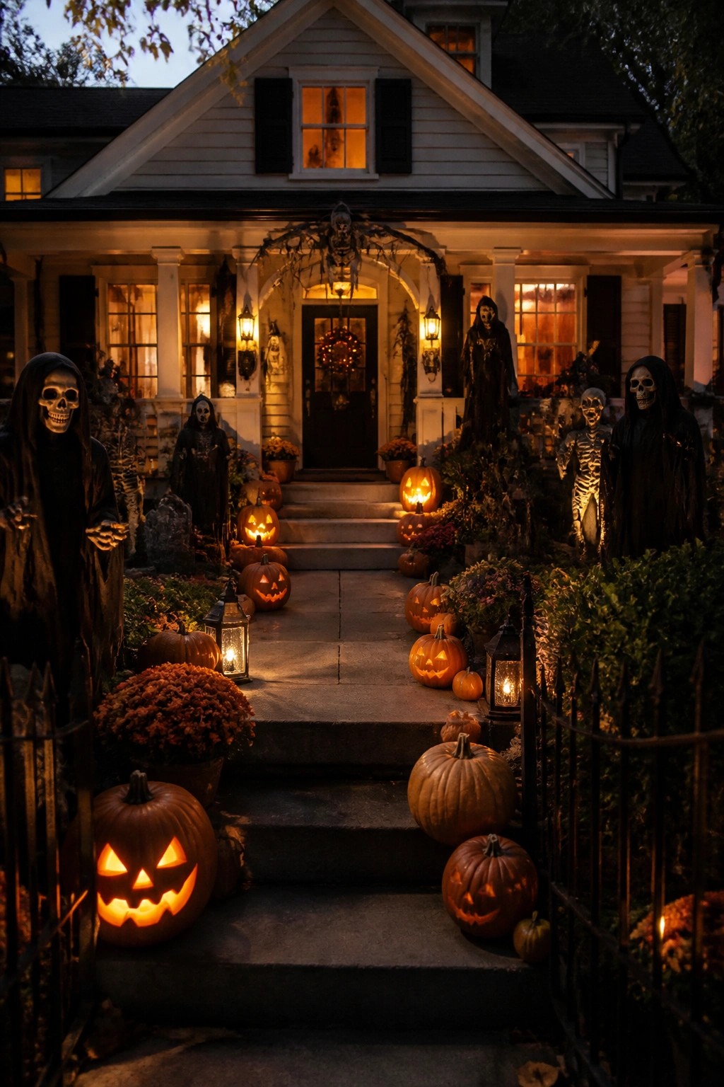Front walkway lined with carved glowing pumpkins and tall cloaked skeleton figures leading to a decorated house entrance at dusk.