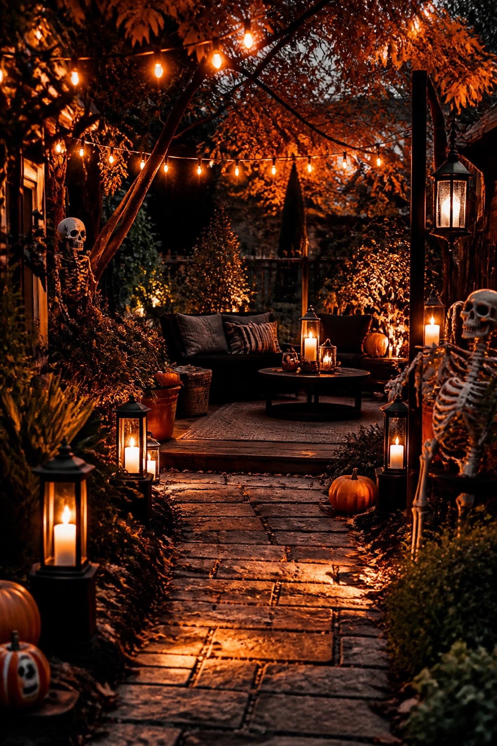 Stone walkway lined with standing skeletons, pumpkins, and lanterns leading to a patio with string lights overhead.