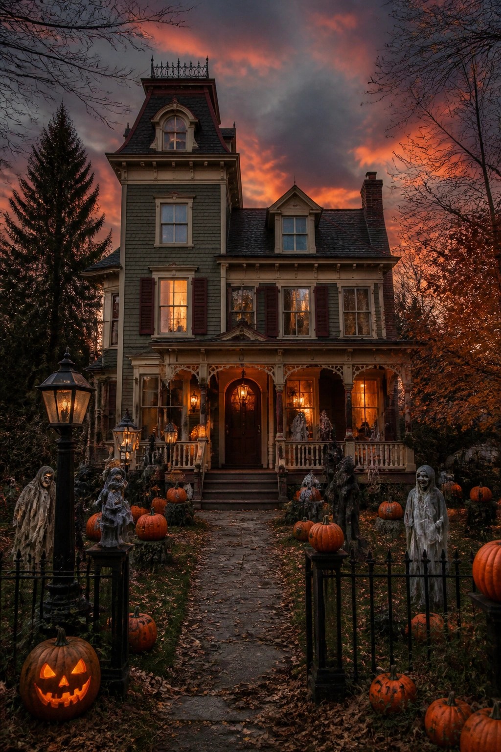 Victorian house with pumpkins, ghosts, and lanterns under fiery orange sunset sky