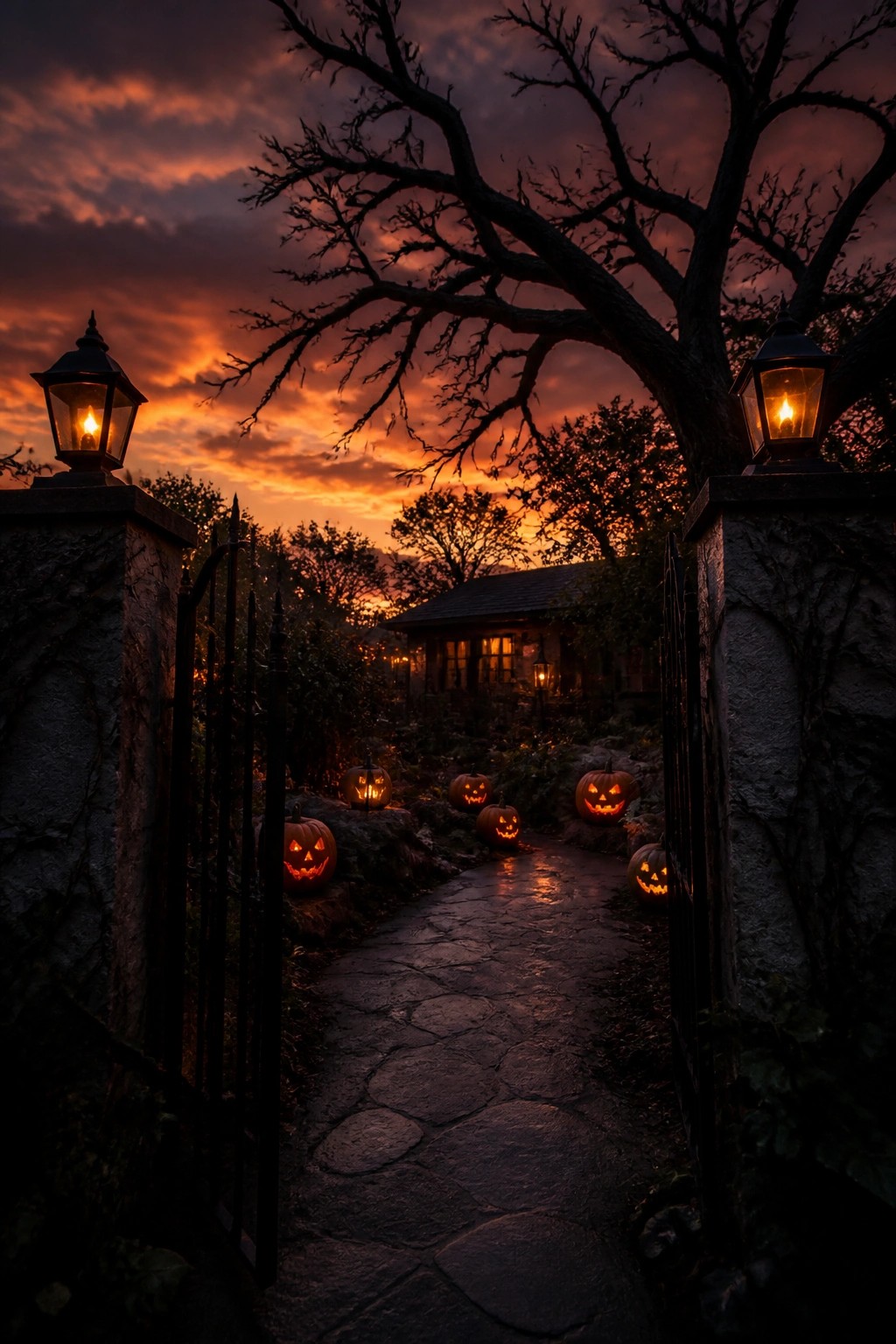 Stone path lined with carved glowing jack o lanterns between open black iron gates at a Halloween decorated yard entrance.