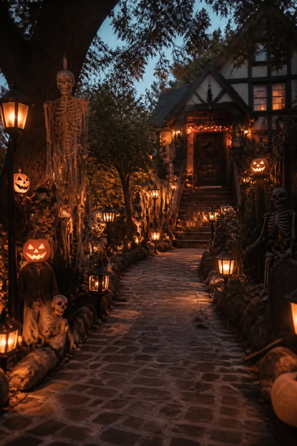 Stone walkway lined with multiple full-size skeletons, glowing jack-o'-lanterns, and lanterns leading toward a house entrance.