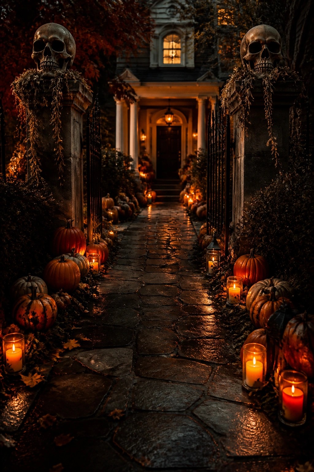 Stone walkway at night lined with pumpkins and glowing candles, flanked by pillars topped with large skulls.