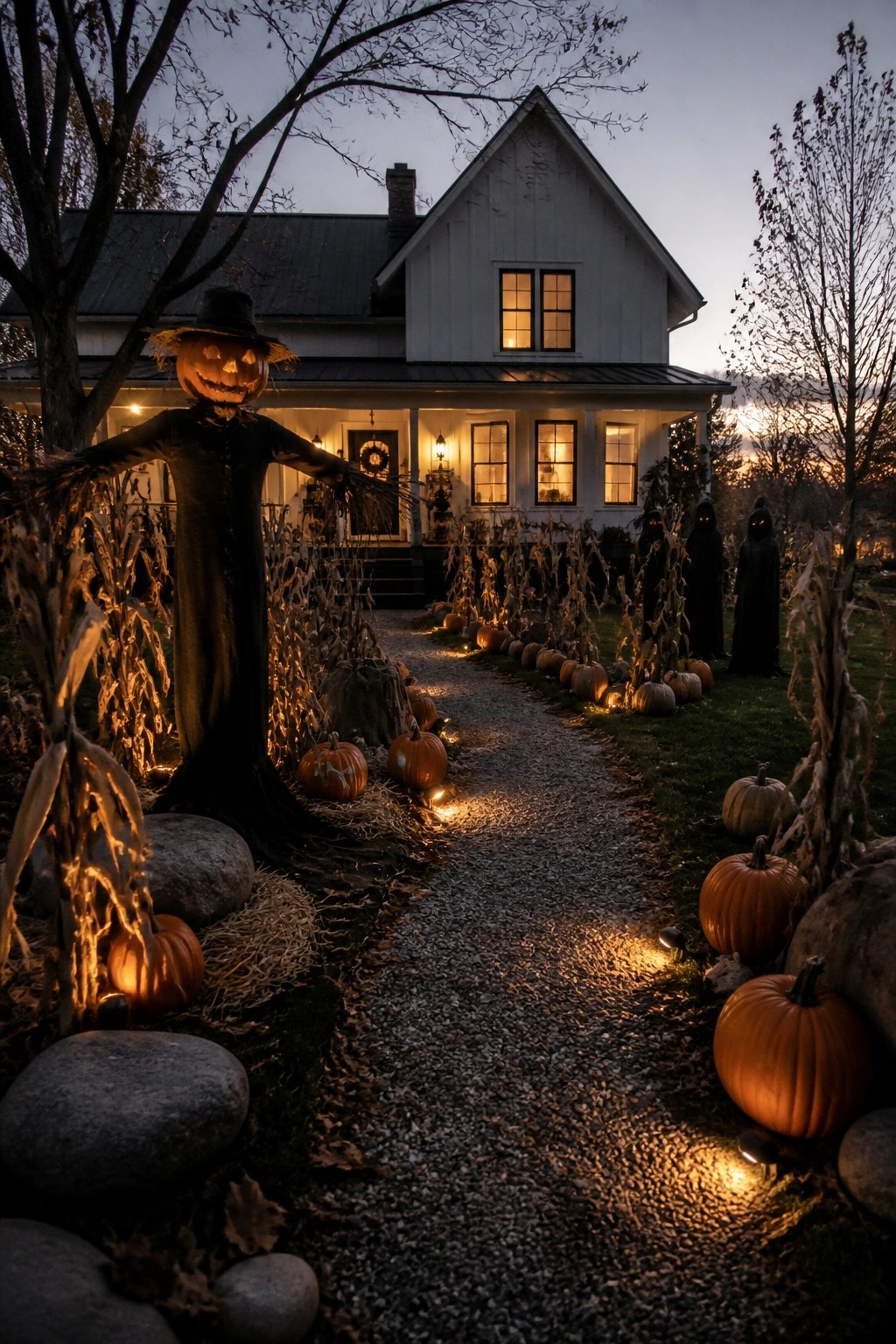 Gravel yard path lined with glowing pumpkins, corn stalks, a large pumpkin scarecrow, and several dark ghost figures with lit eyes.