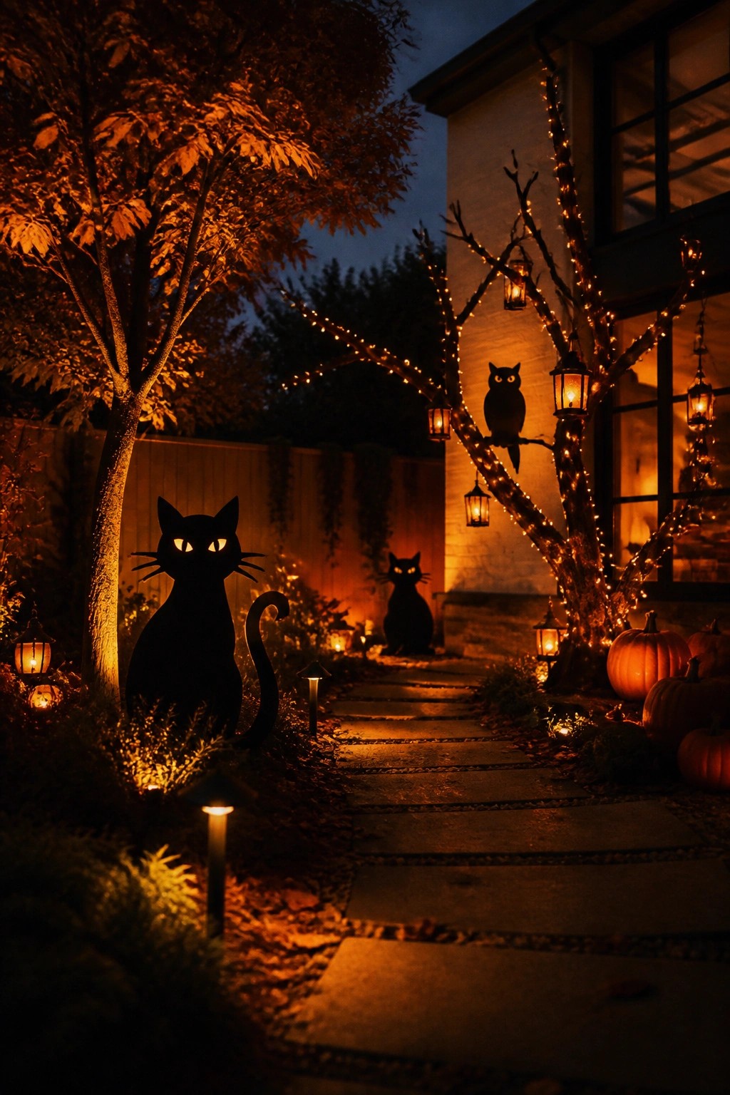 Nighttime yard walkway lined with large black cat silhouettes that have glowing eyes, along with an owl figure, string lights on branches, and pumpkins near the house.