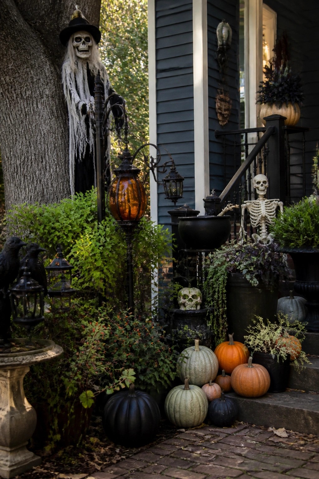 Front porch decorated with a hanging skeleton figure on a tree, a standing skeleton near the steps, skulls, a black cauldron, crows, and assorted pumpkins.