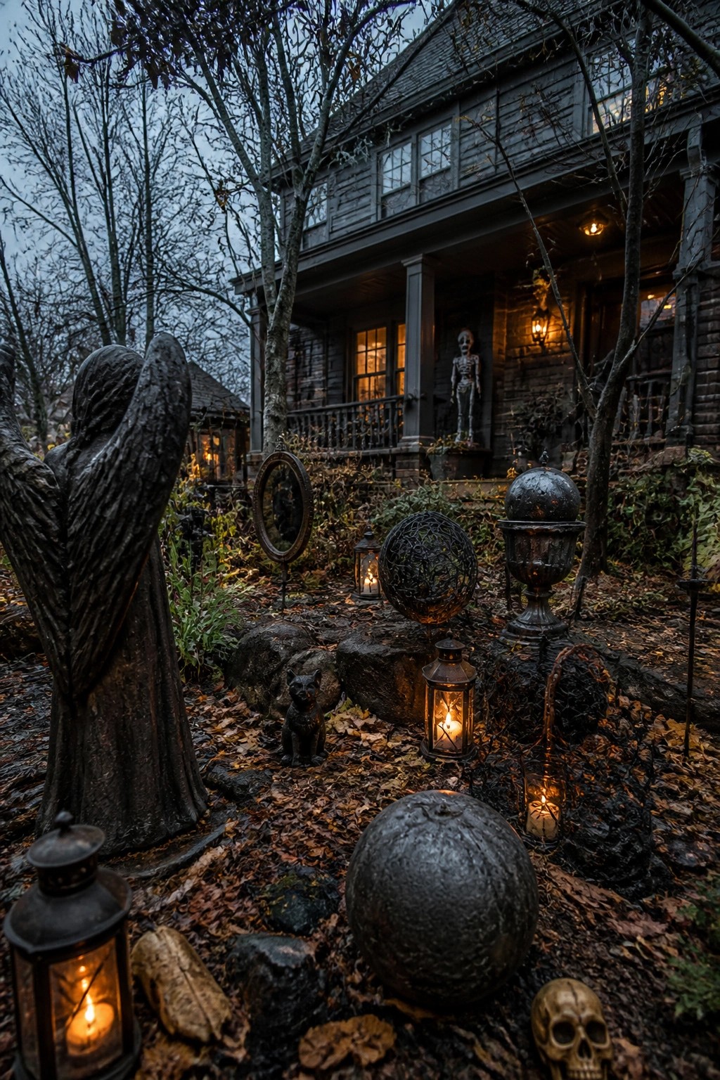 Eerie Halloween yard with angel statue, glowing lanterns, spheres, and skeleton-decorated house