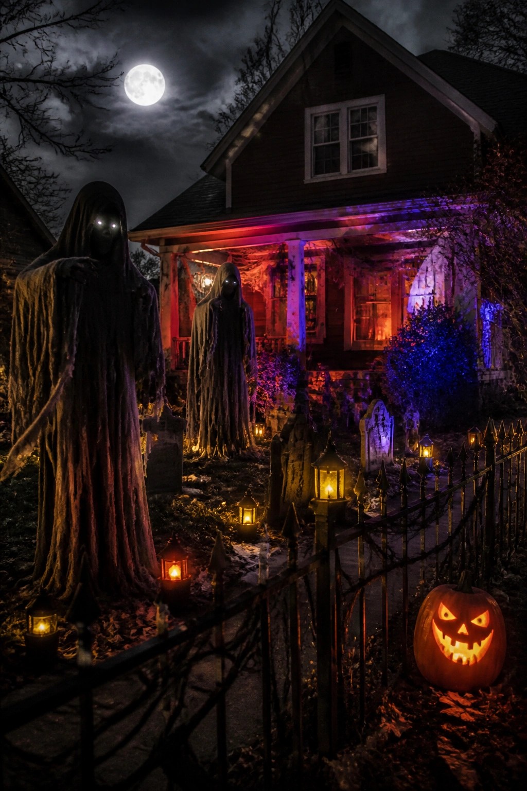 Front yard decorated with two tall ghost figures, several tombstones, lanterns, and a glowing jack o lantern near a dark house at night.