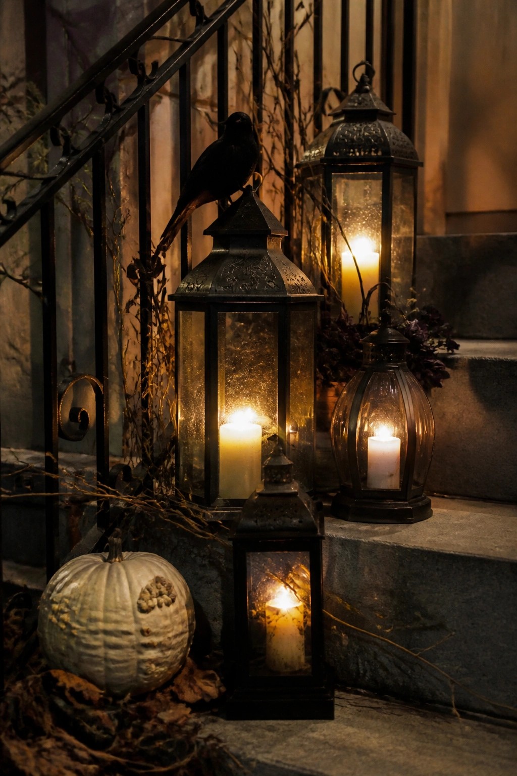 Outdoor stone steps arranged with several glowing black metal lanterns of different sizes, a dark bird perched on the tallest one, and a white pumpkin resting at the base.