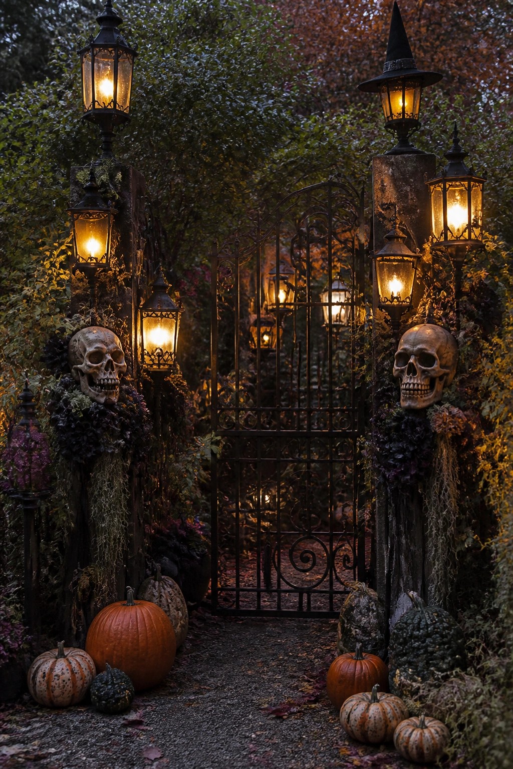 Wrought iron gate flanked by stone pillars covered in lanterns and skulls, with pumpkins scattered on the ground at dusk.